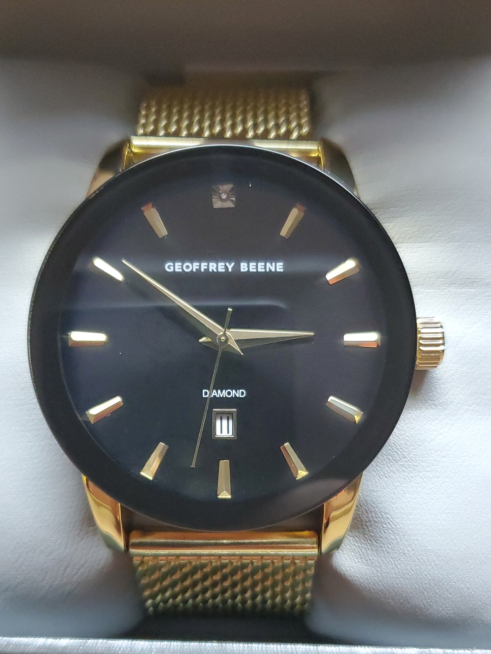 Geoffrey Beene Black Dial Watch with Gold Mesh Strap